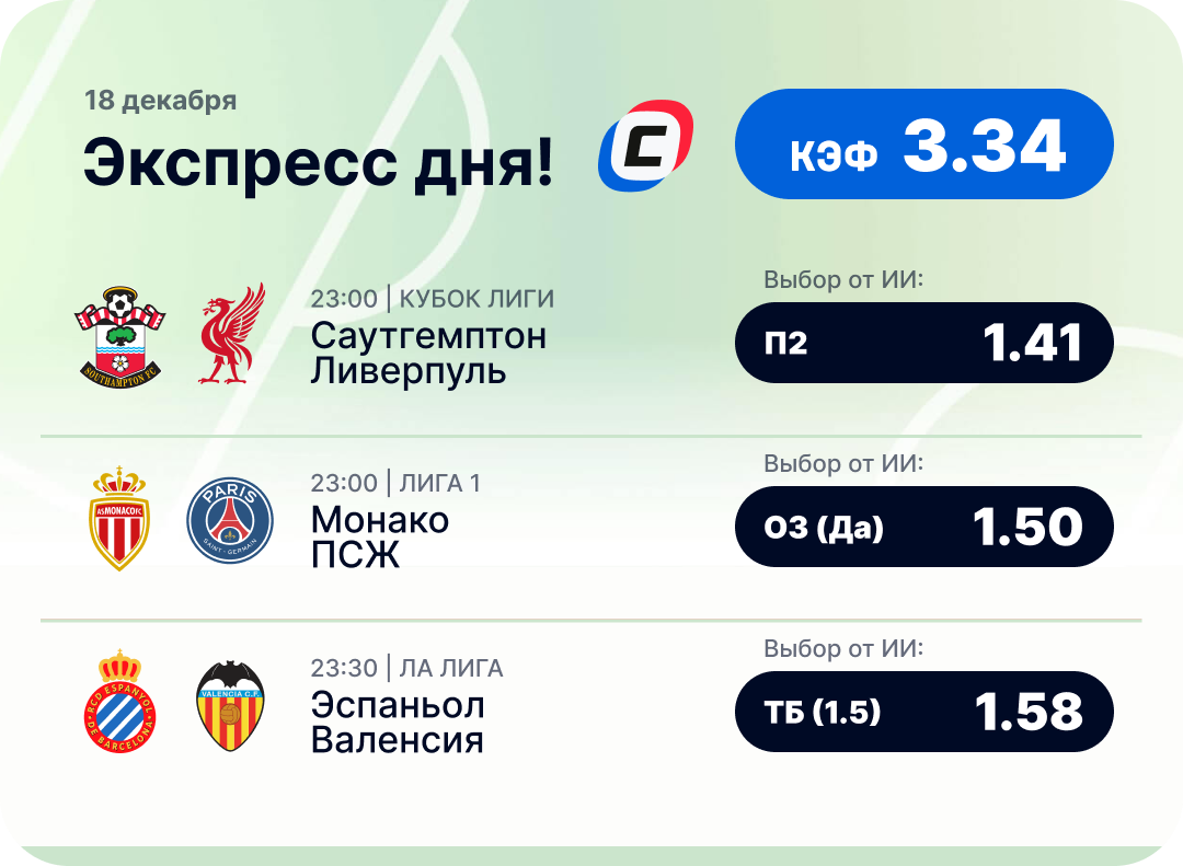 Футбольный экспресс дня на 18 декабря