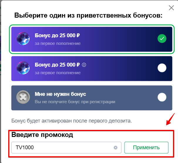 Ввод промокода для получения бонуса