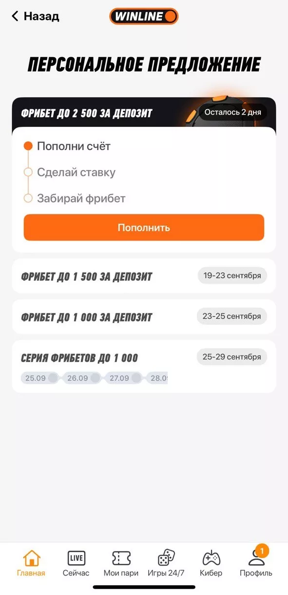 Виджет с персональным предложением в БК Винлайн