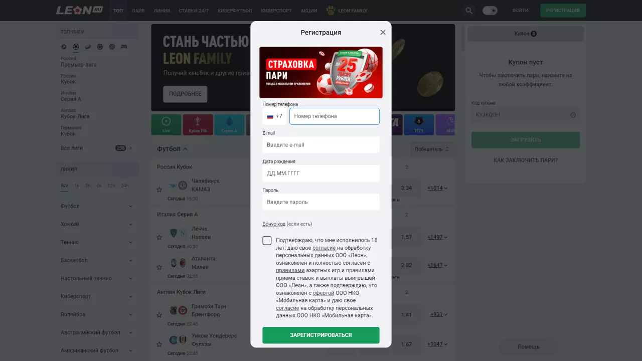 Форма входа в веб-версии Леона