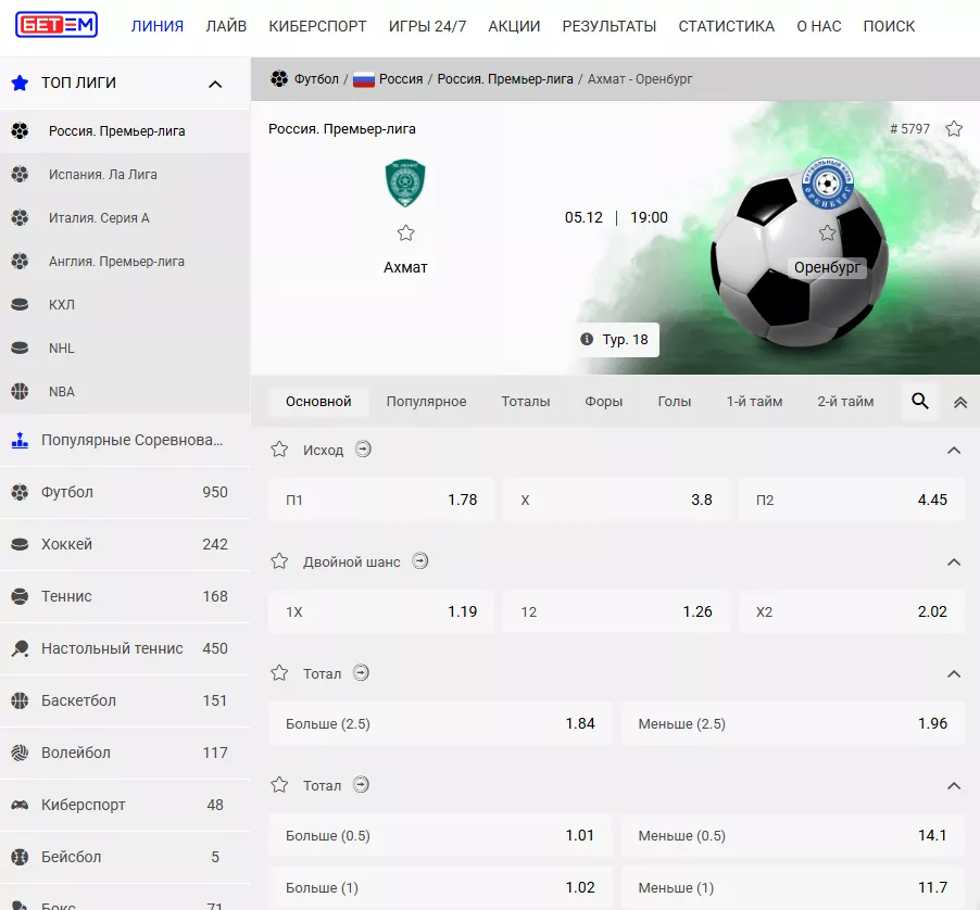 Линия на отдельный матч в БК Бет-М