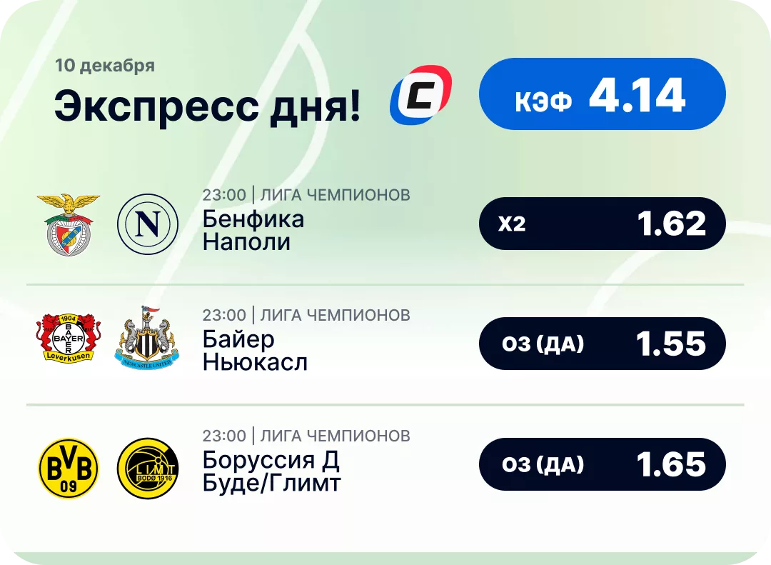 Экспресс на Лигу чемпионов Футбольный экспресс дня на 10 декабря №2