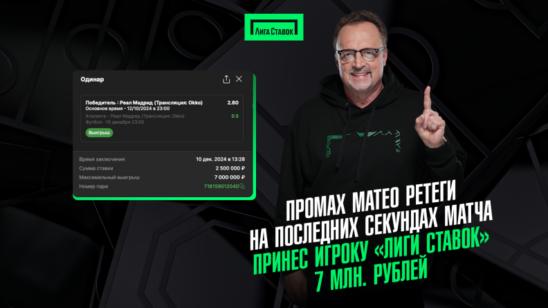 Промах Матео Ретеги на последних секундах матча принес игроку "Лиги Ставок" 7 млн. рублей