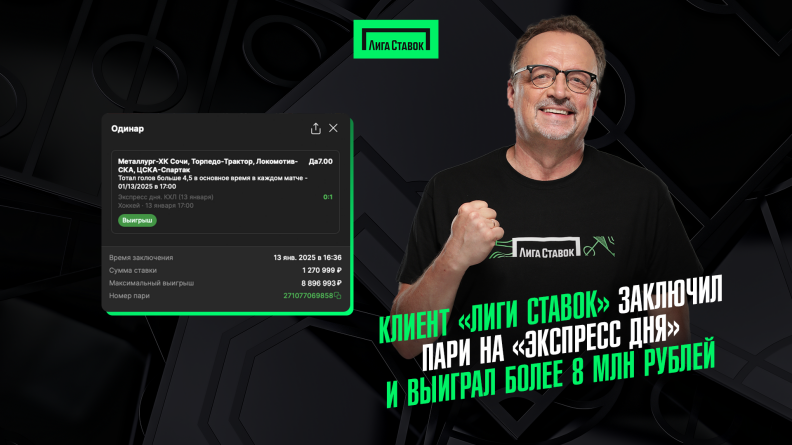 Клиент "Лиги Ставок" заключил пари на "Экспресс дня" и выиграл более 8 млн рублей