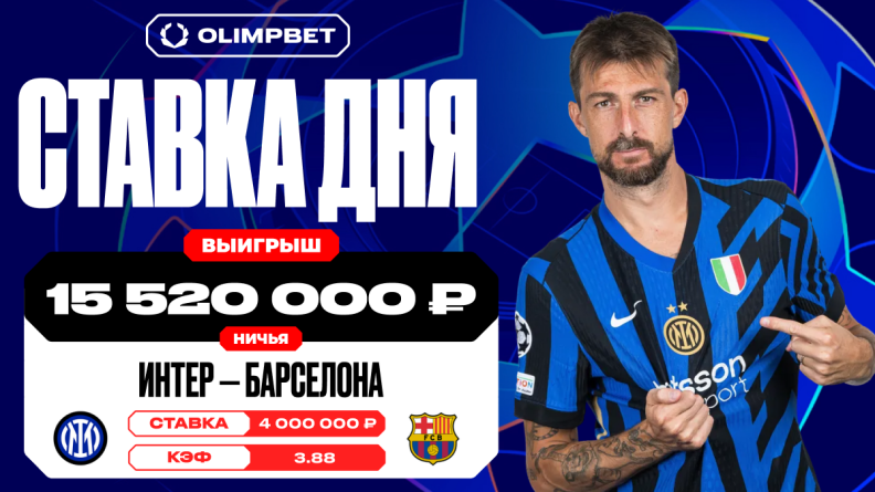 Клиент OLIMPBET выиграл более 15,5 млн благодаря ничьей в основное время матча "Интер" — "Барселона" 